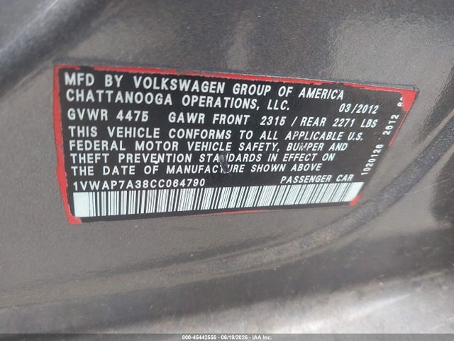 Aukcja sprzedaży 2012 Volkswagen Passat 2.5l S, vin: 1VWAP7A38CC064790, numer aukcji: 45442556