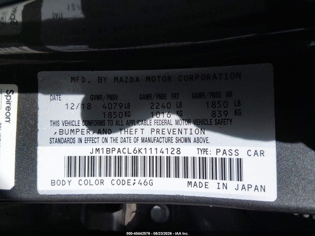 2019 Mazda Mazda3 Select Package მანქანა იყიდება აუქციონზე, vin: JM1BPACL6K1114128, აუქციონის ნომერი: 45442576