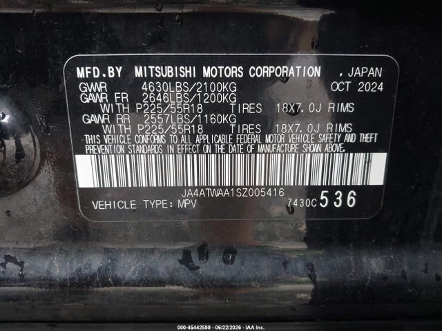 Продажа на аукционе авто 2025 Mitsubishi Eclipse Cross Se S-awc, vin: JA4ATWAA1SZ005416, номер лота: 45442599