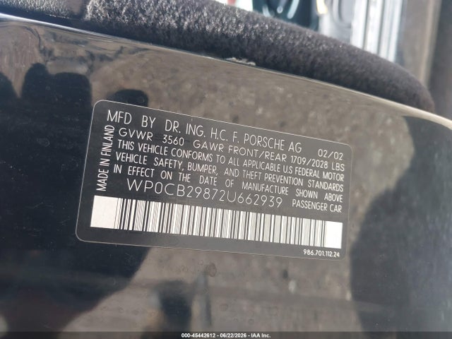 Продажа на аукционе авто 2002 Porsche Boxster S, vin: WP0CB29872U662939, номер лота: 45442612