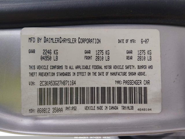 45442619 :رقم المزاد ، 2C3KA53G27H871164 vin ، 2007 Chrysler 300 Touring مزاد بيع