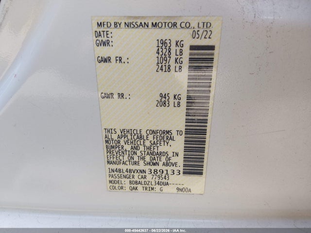 Aukcja sprzedaży 2022 Nissan Altima S Fwd, vin: 1N4BL4BVXNN389133, numer aukcji: 45442637