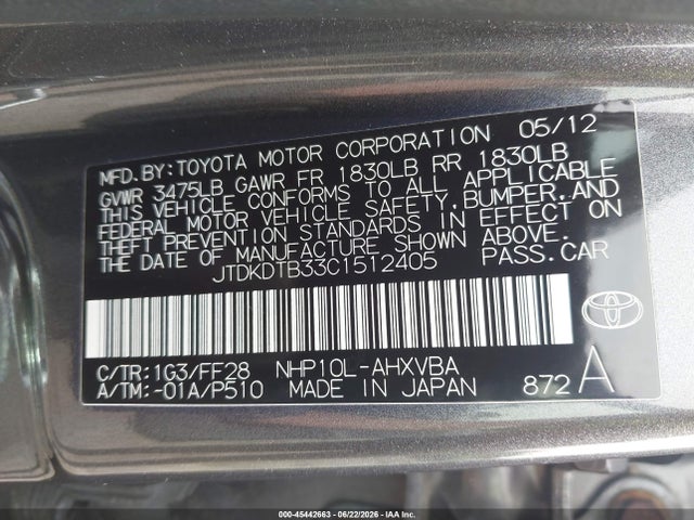 Aukcja sprzedaży 2012 Toyota Prius C Two, vin: JTDKDTB33C1512405, numer aukcji: 45442663