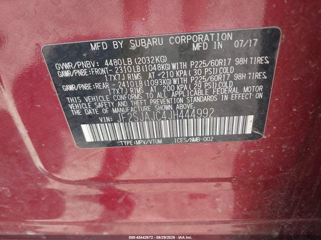 45442672 :رقم المزاد ، JF2SJAJC4JH444992 vin ، 2018 Subaru Forester 2.5i Limited مزاد بيع