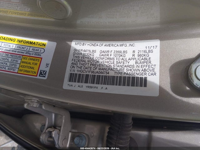 Продажа на аукционе авто 2018 Honda Accord Touring, vin: 1HGCV1F96JA044754, номер лота: 45442674