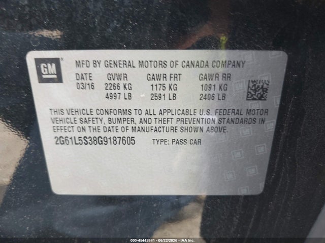 2016 Cadillac Xts Standard მანქანა იყიდება აუქციონზე, vin: 2G61L5S38G9187605, აუქციონის ნომერი: 45442681