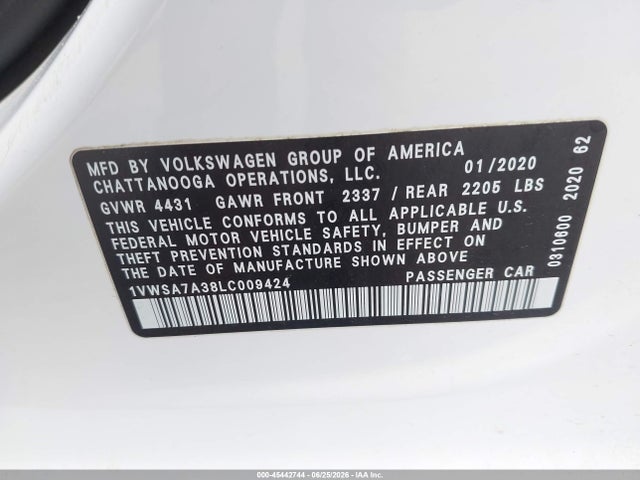 Продажа на аукционе авто 2020 Volkswagen Passat 2.0t Se, vin: 1VWSA7A38LC009424, номер лота: 45442744