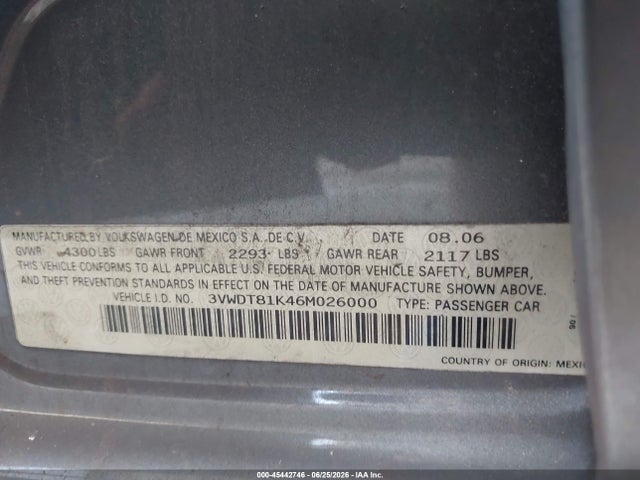 Продаж на аукціоні авто 2006 Volkswagen Jetta Tdi, vin: 3VWDT81K46M026000, номер лоту: 45442746