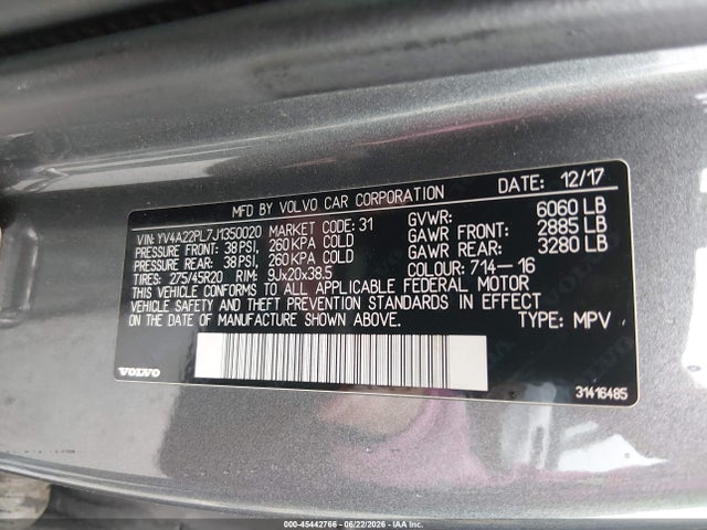 Продажа на аукционе авто 2018 Volvo Xc90 T6 Inscription, vin: YV4A22PL7J1350020, номер лота: 45442766