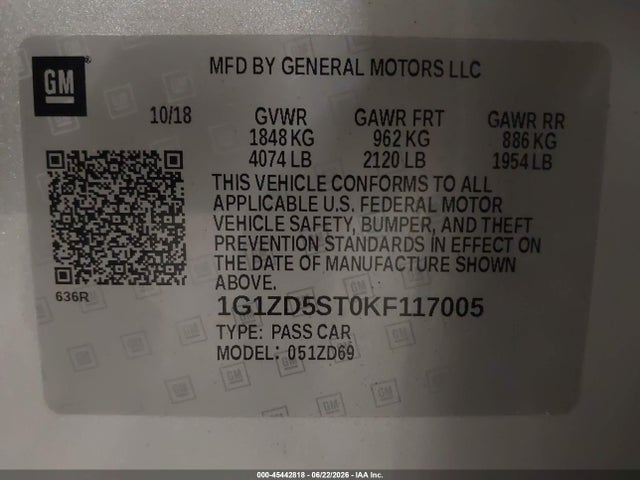 2019 Chevrolet Malibu Lt მანქანა იყიდება აუქციონზე, vin: 1G1ZD5ST0KF117005, აუქციონის ნომერი: 45442818