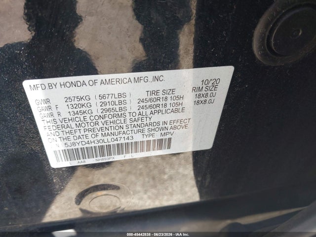 45442838 :رقم المزاد ، 5J8YD4H30LL047143 vin ، 2020 Acura Mdx Standard مزاد بيع