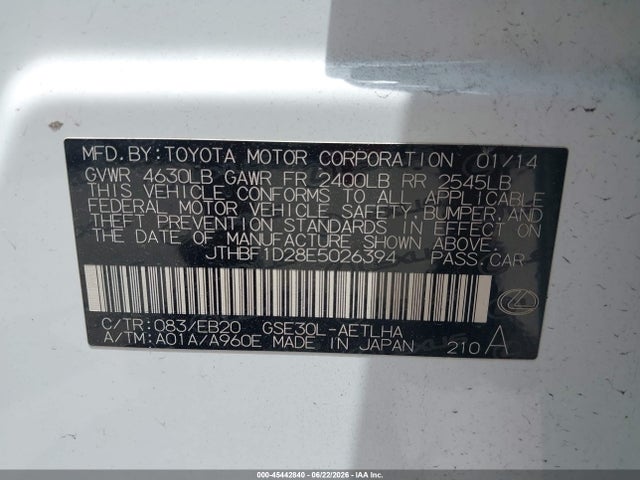 Продажа на аукционе авто 2014 Lexus Is 250, vin: JTHBF1D28E5026394, номер лота: 45442840