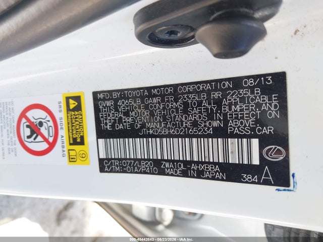 Продажа на аукционе авто 2013 Lexus Ct 200h, vin: JTHKD5BH6D2165234, номер лота: 45442843