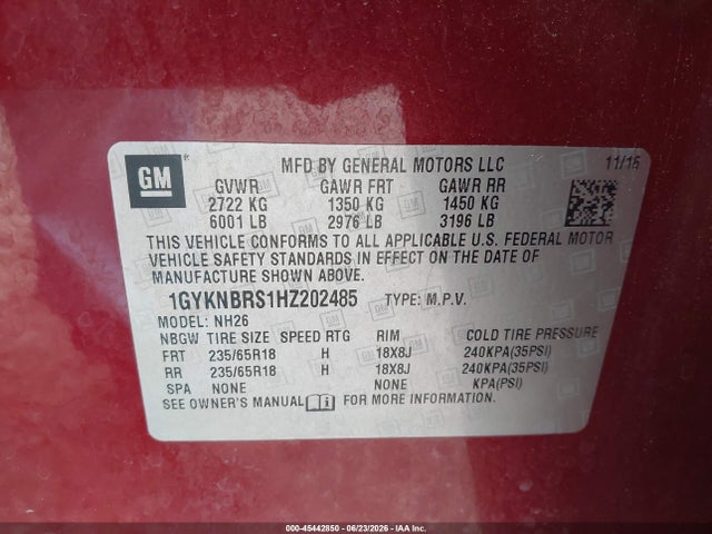 45442850 :رقم المزاد ، 1GYKNBRS1HZ202485 vin ، 2017 Cadillac Xt5 Luxury مزاد بيع