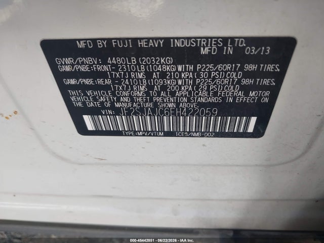 45442851 :رقم المزاد ، JF2SJAJC6EH422059 vin ، 2014 Subaru Forester 2.5i Limited مزاد بيع