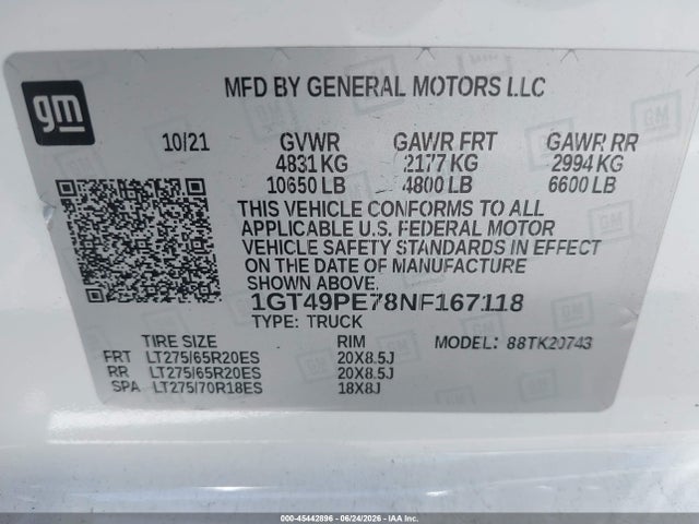 45442896 :رقم المزاد ، 1GT49PE78NF167118 vin ، 2022 Gmc Sierra 2500hd 4wd  Standard Bed At4 مزاد بيع