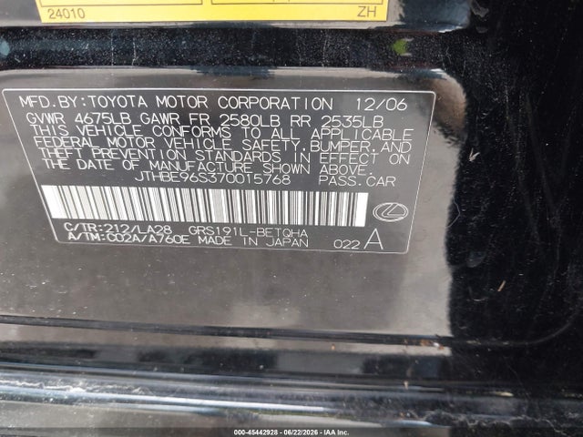 Aukcja sprzedaży 2007 Lexus Gs 350, vin: JTHBE96S370015768, numer aukcji: 45442928