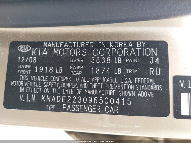 45442932 :رقم المزاد ، KNADE223096500415 vin ، 2009 Kia Rio Lx مزاد بيع