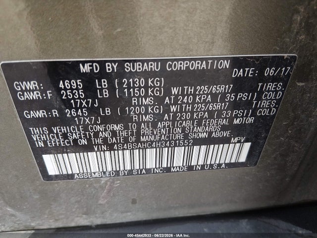 4S4BSAHC4H3431552 Subaru Outback 2.5i Premium