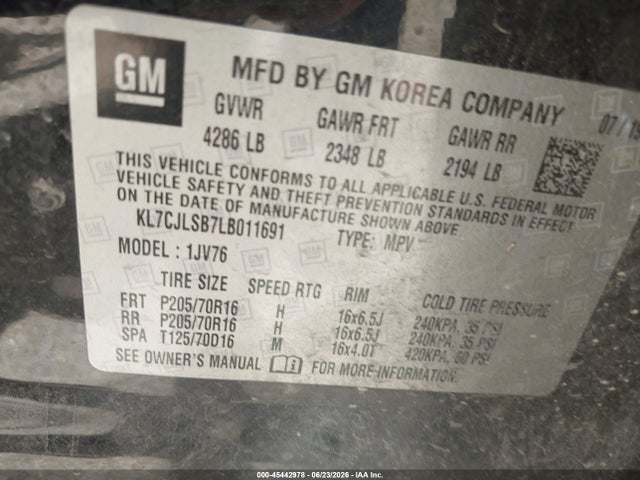 KL7CJLSB7LB011691 Chevrolet Trax Fwd Lt