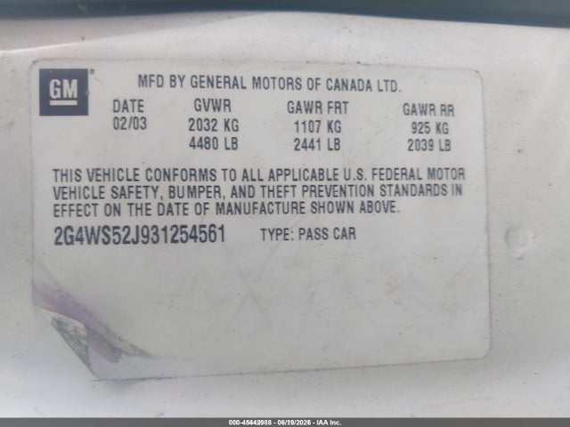Aukcja sprzedaży 2003 Buick Century Custom, vin: 2G4WS52J931254561, numer aukcji: 45442988