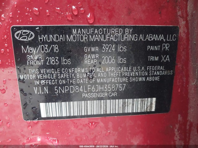 45443009 :رقم المزاد ، 5NPD84LF6JH358757 vin ، 2018 Hyundai Elantra Sel مزاد بيع