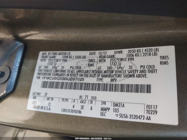 45443023 :رقم المزاد ، 1FMCU0GX2DUB97025 vin ، 2013 Ford Escape Se مزاد بيع