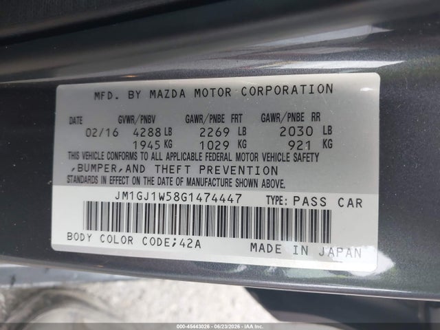 Aukcja sprzedaży 2016 Mazda Mazda6 I Grand Touring, vin: JM1GJ1W58G1474447, numer aukcji: 45443026
