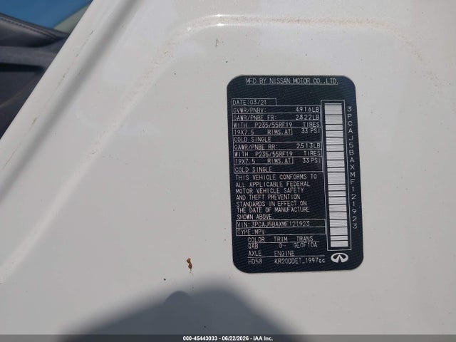 2021 Infiniti Qx50 Luxe მანქანა იყიდება აუქციონზე, vin: 3PCAJ5BAXMF121923, აუქციონის ნომერი: 45443033