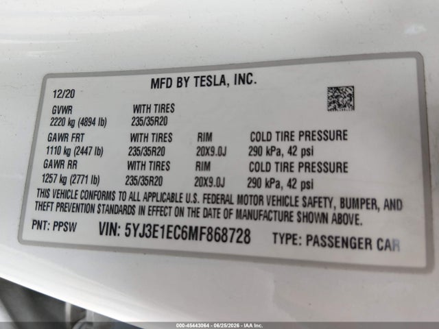 Продаж на аукціоні авто 2021 Tesla Model 3 Performance Dual Motor All-wheel Drive, vin: 5YJ3E1EC6MF868728, номер лоту: 45443064