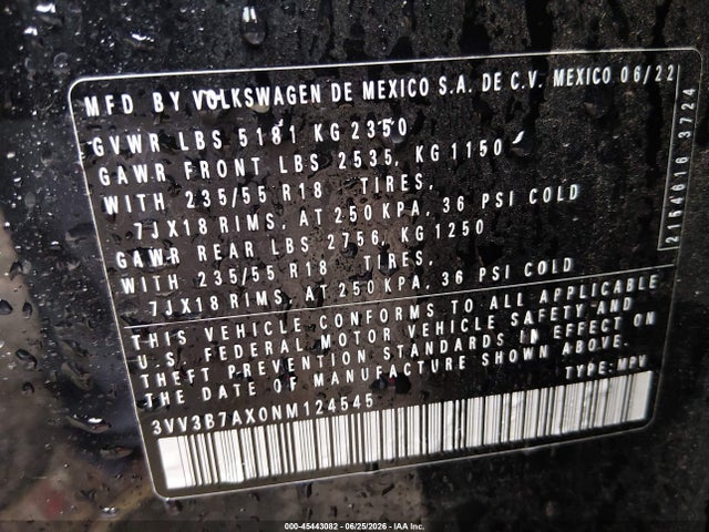 Aukcja sprzedaży 2022 Volkswagen Tiguan 2.0t Se, vin: 3VV3B7AX0NM124545, numer aukcji: 45443082