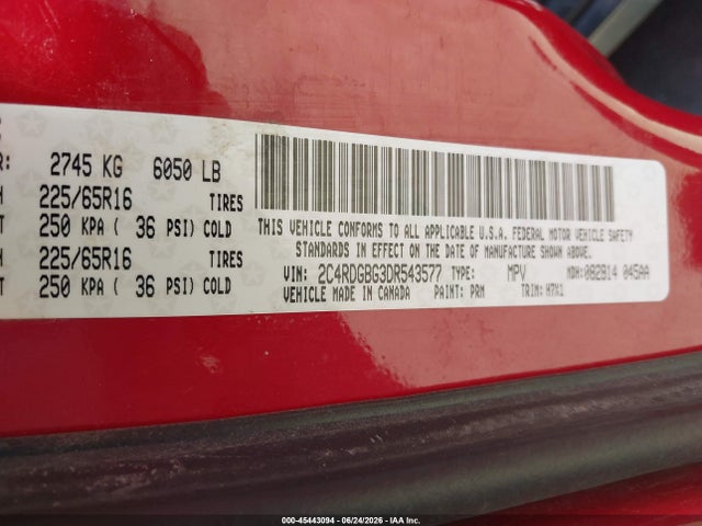 2013 Dodge Grand Caravan American Value Pkg მანქანა იყიდება აუქციონზე, vin: 2C4RDGBG3DR543577, აუქციონის ნომერი: 45443094