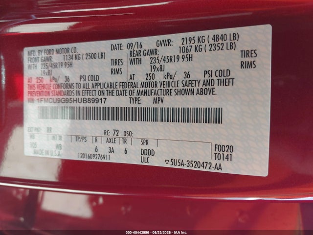 Ford ESCAPE SE 2017 1FMCU9G95HUB89917 Image 9