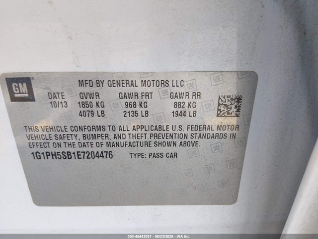 Продажа на аукционе авто 2014 Chevrolet Cruze Eco Auto, vin: 1G1PH5SB1E7204476, номер лота: 45443097