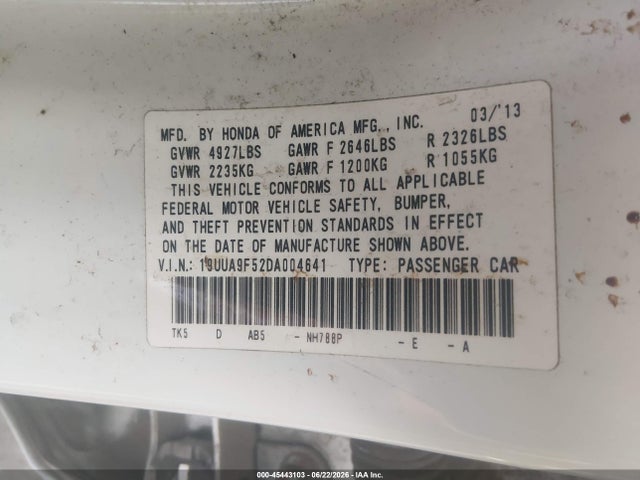 45443103 :رقم المزاد ، 19UUA9F52DA004641 vin ، 2013 Acura Tl 3.7 مزاد بيع