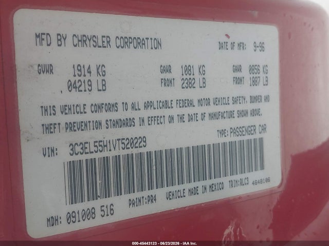 45443123 :رقم المزاد ، 3C3EL55H1VT520229 vin ، 1997 Chrysler Sebring Jxi مزاد بيع
