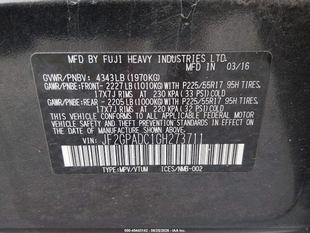 45443142 :رقم المزاد ، JF2GPADC1GH273711 vin ، 2016 Subaru Crosstrek 2.0i Premium مزاد بيع