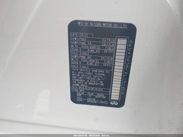 45443156 :رقم المزاد ، 3PCAJ5J31NF101676 vin ، 2022 Infiniti Qx55 Luxe Awd مزاد بيع