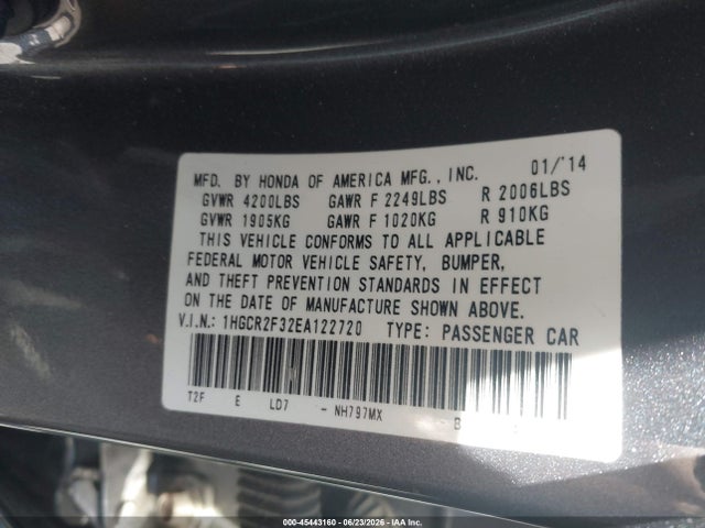 Продаж на аукціоні авто 2014 Honda Accord Lx, vin: 1HGCR2F32EA122720, номер лоту: 45443160