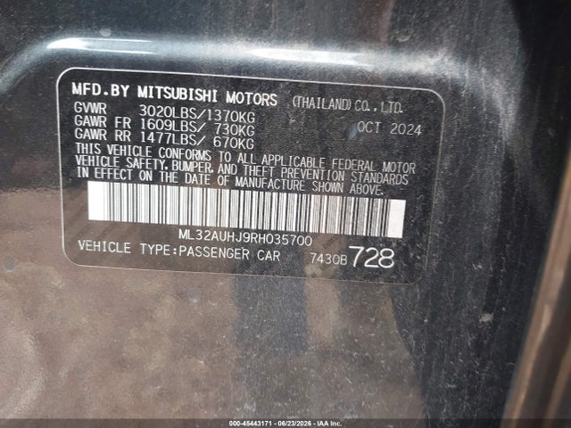 Aukcja sprzedaży 2024 Mitsubishi Mirage Es/le, vin: ML32AUHJ9RH035700, numer aukcji: 45443171