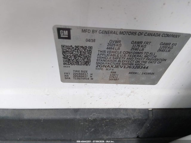 Aukcja sprzedaży 2018 Chevrolet Equinox Lt, vin: 2GNAXJEV1J6328344, numer aukcji: 45443201