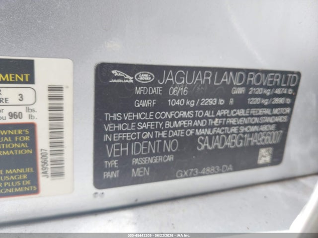45443209 :رقم المزاد ، SAJAD4BG1HA956007 vin ، 2017 Jaguar Xe 25t Premium مزاد بيع