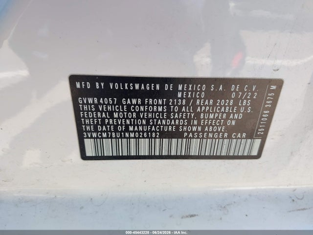 2022 Volkswagen Jetta 1.5t S მანქანა იყიდება აუქციონზე, vin: 3VWCM7BU1NM026182, აუქციონის ნომერი: 45443228