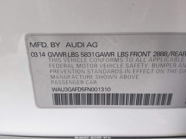 Aukcja sprzedaży 2015 Audi A8 L 3.0t, vin: WAU3GAFD5FN001310, numer aukcji: 45443235