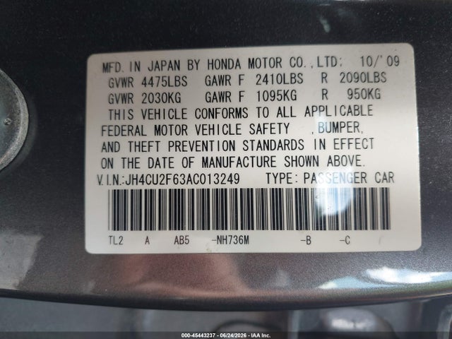 2010 Acura Tsx 2.4 მანქანა იყიდება აუქციონზე, vin: JH4CU2F63AC013249, აუქციონის ნომერი: 45443237