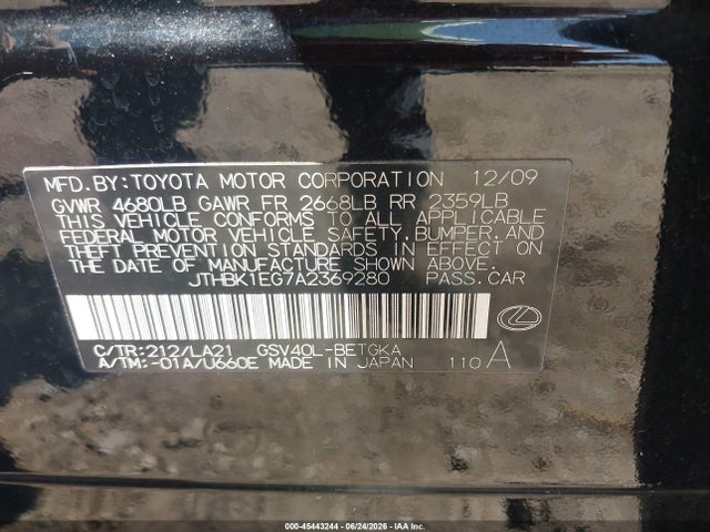 Продажа на аукционе авто 2010 Lexus Es 350, vin: JTHBK1EG7A2369280, номер лота: 45443244