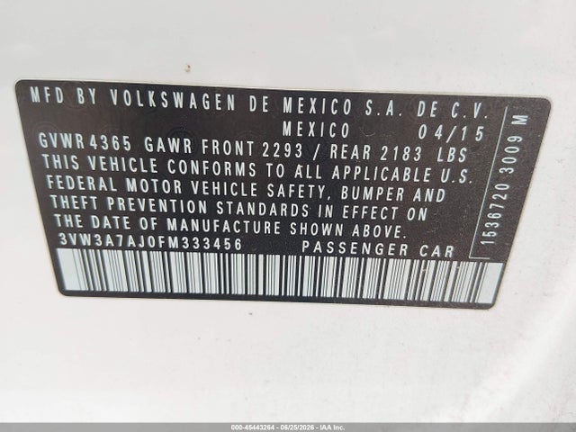 Aukcja sprzedaży 2015 Volkswagen Jetta 2.0l Tdi Sel, vin: 3VW3A7AJ0FM333456, numer aukcji: 45443264
