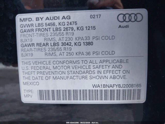 45443266 :رقم المزاد ، WA1BNAFY8J2008165 vin ، 2018 Audi Q5 2.0t Premium/2.0t Tech Premium مزاد بيع