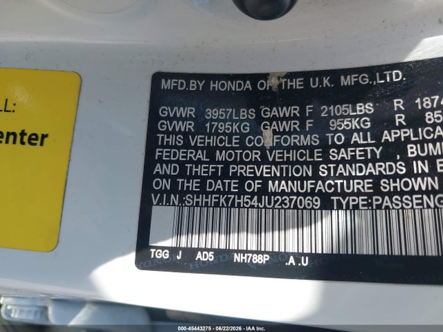 Aukcja sprzedaży 2018 Honda Civic Ex, vin: SHHFK7H54JU237069, numer aukcji: 45443275