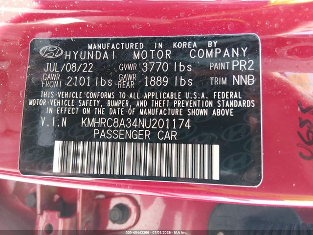 45443306 :رقم المزاد ، KMHRC8A34NU201174 vin ، 2022 Hyundai Venue Sel مزاد بيع